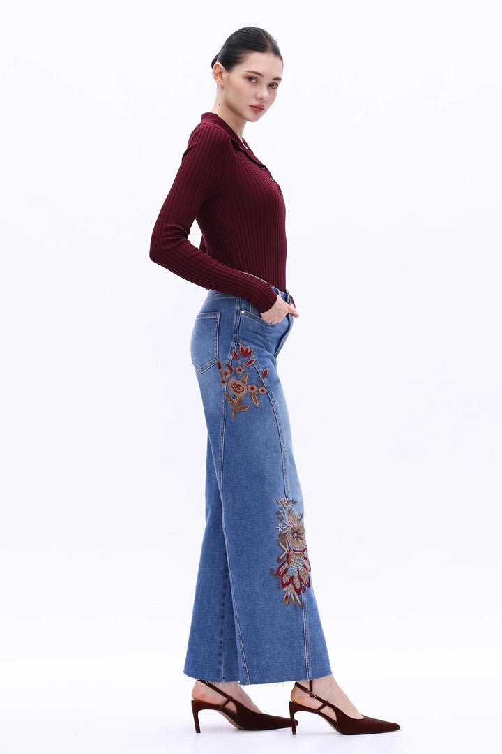 New York 30" Floral High Rise Wide Leg, Medium Blue