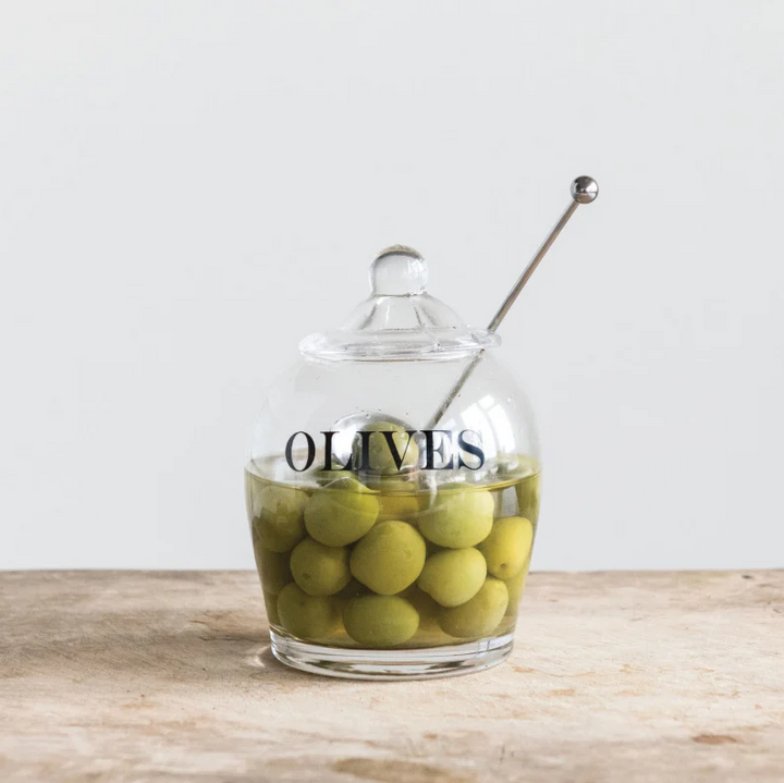 "Olives" Jar w/ Stainless Steel Slotted Spoon - 13 Hub Lane   |  Food Jars