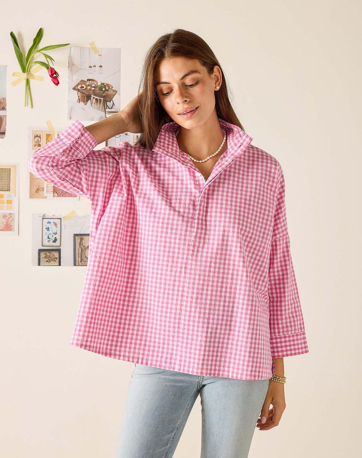 Emerson Pop Up Collar Top, Pink Gingham