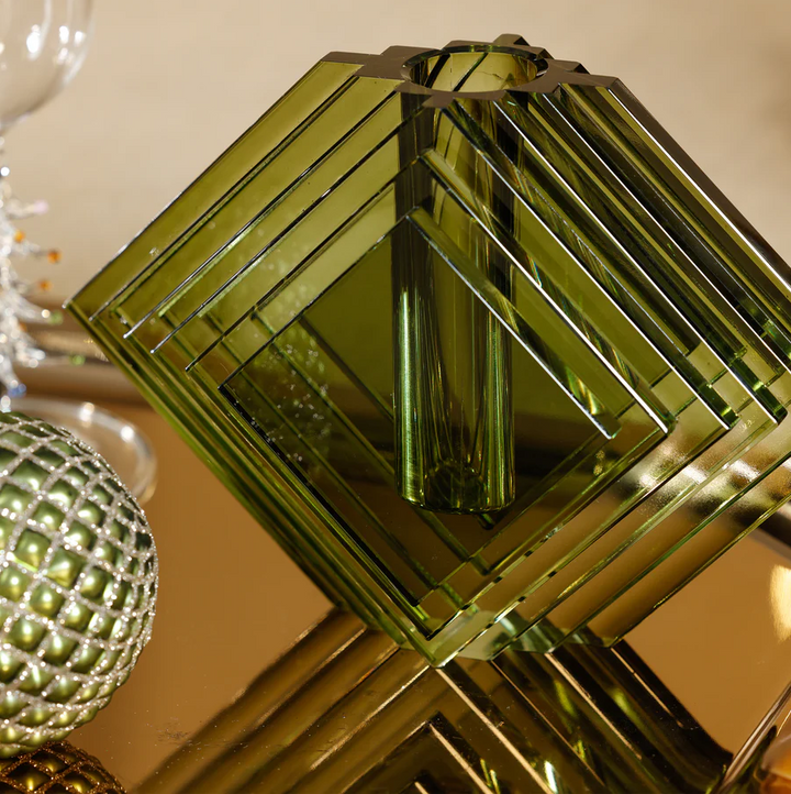 Stacked Concentric Diamond Motif Crystal Glass Vase, Green - 13 Hub Lane   |  Glass Vases