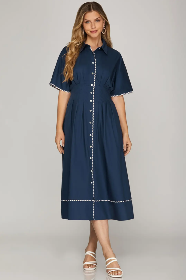 Pintuck Midi Shirt Dress, Navy - 13 Hub Lane   |  