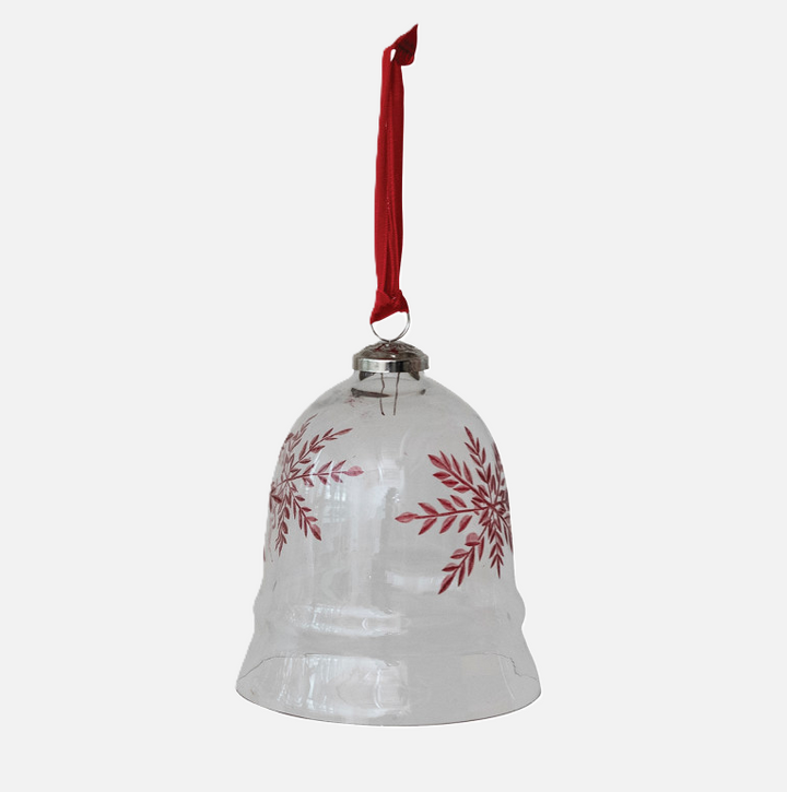 Hand-Blown Etched Glass Bell Ornament w/ Velvet Ribbon