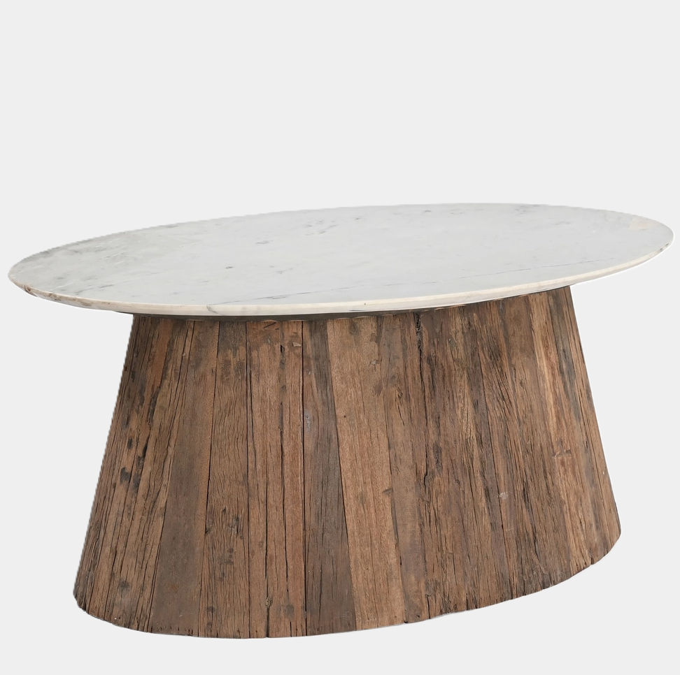 Oval Wood Coffee Table w/ Marble Top - 13 Hub Lane   |  Coffee Tables