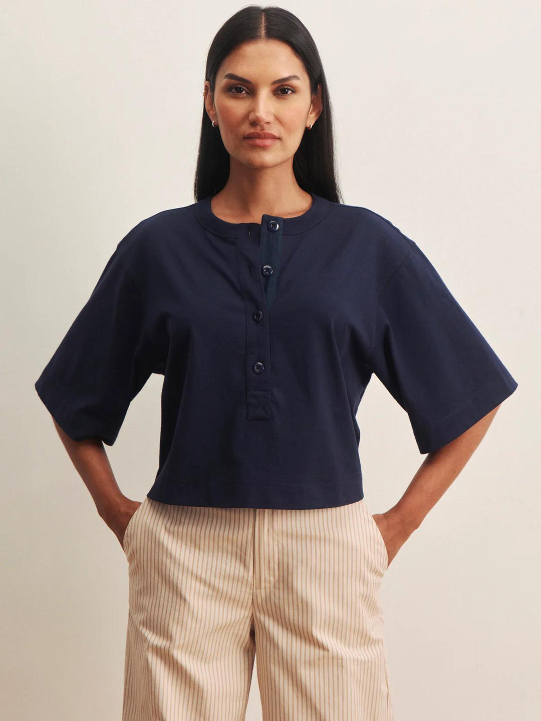 Freya Placket Tee, Navy Blazer