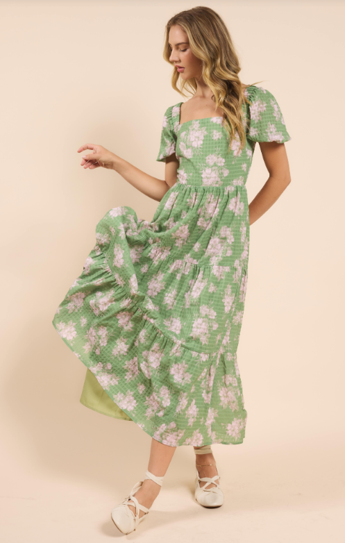 Rainy Days Tiered Maxi w/ Back Tie, Green Multi