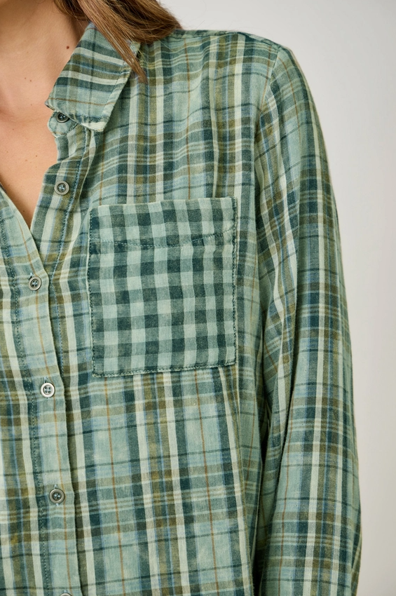 Fringed Bottom Washed Plaid Button-Up, Green