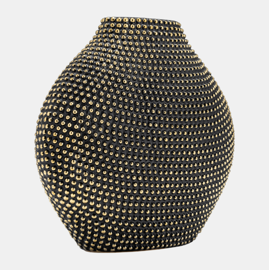 Ceramic Beaded Vase, Black & Gold