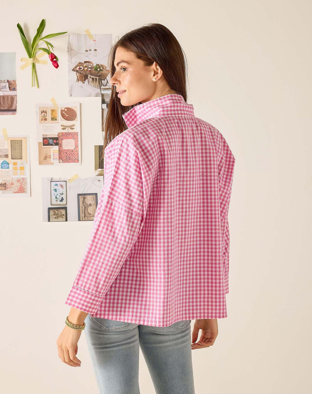 Emerson Pop Up Collar Top, Pink Gingham