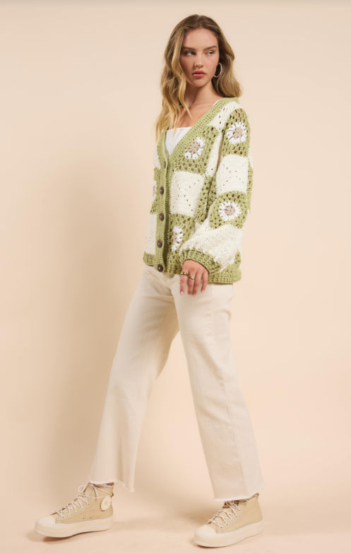 Myriam Daisy Crochet Cardigan, Ivory Green