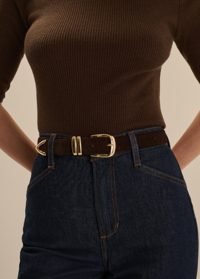 The Suede Jordan Belt, Chocolate & Gold