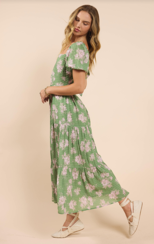 Rainy Days Tiered Maxi w/ Back Tie, Green Multi