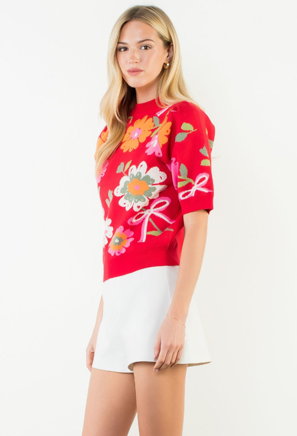 Floral Detail Knit Short Sleeve Top - 13 Hub Lane   |  Crewneck Sweaters