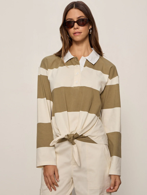 Rugby Striped Tie Front Tee, Covert Green & Collagen - 13 Hub Lane   |  Front Tie Shirts