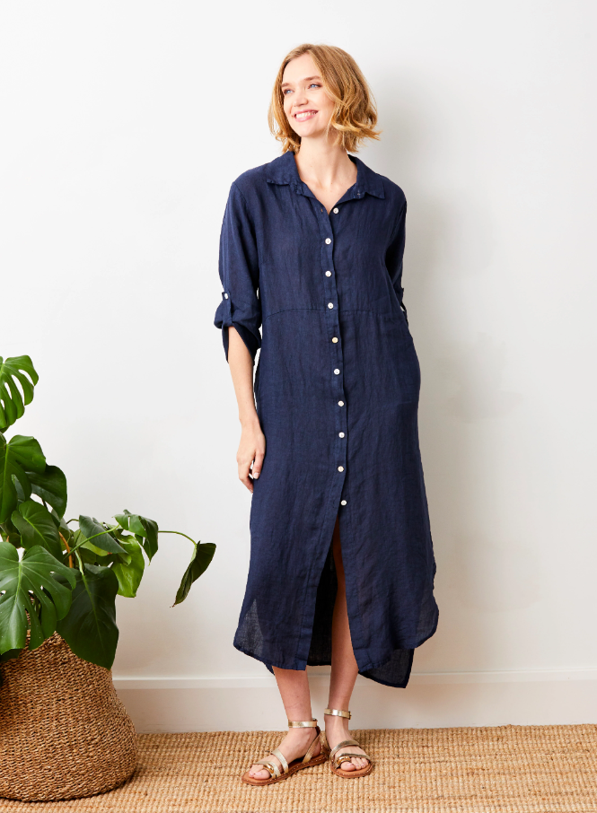 Larino Linen Button Thru Dress, Navy