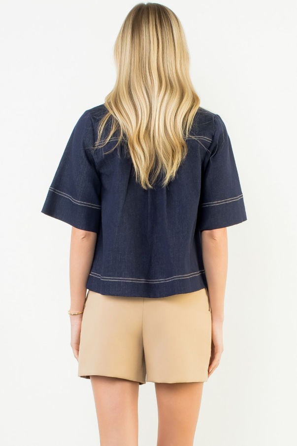 Denim V-Neck Top - 13 Hub Lane   |  Split Neck Tops