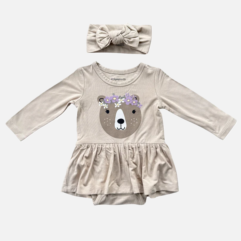 Ruffle Bodysuit Dress & Headband Set, Floral Bear - 13 Hub Lane   |  Girls Dresses