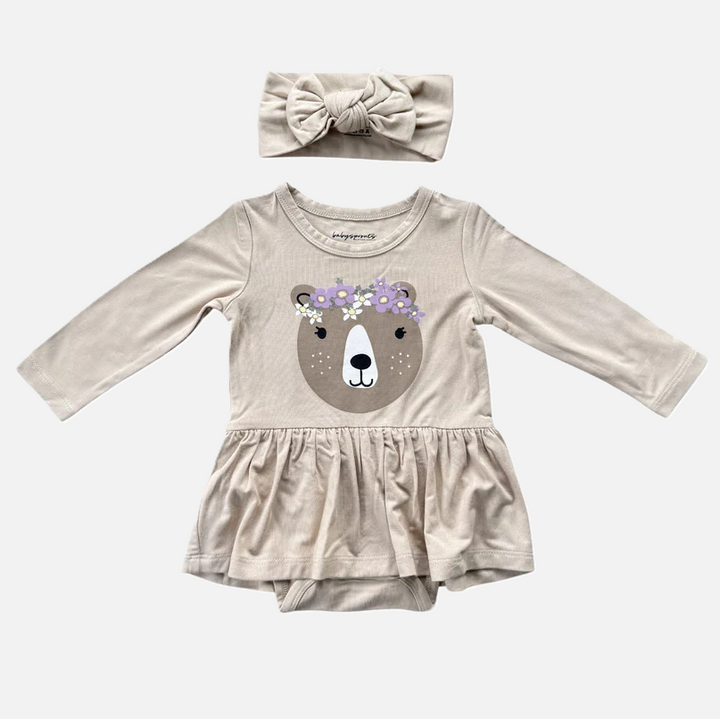 Ruffle Bodysuit Dress & Headband Set, Floral Bear - 13 Hub Lane   |  Girls Dresses