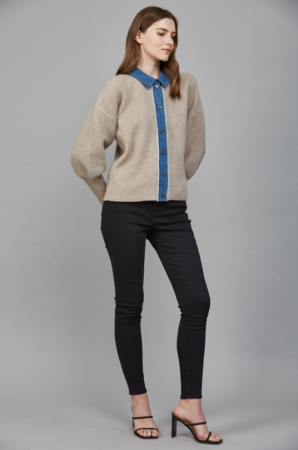 Knit Cardigan w/ Denim Collar, Light Mocha