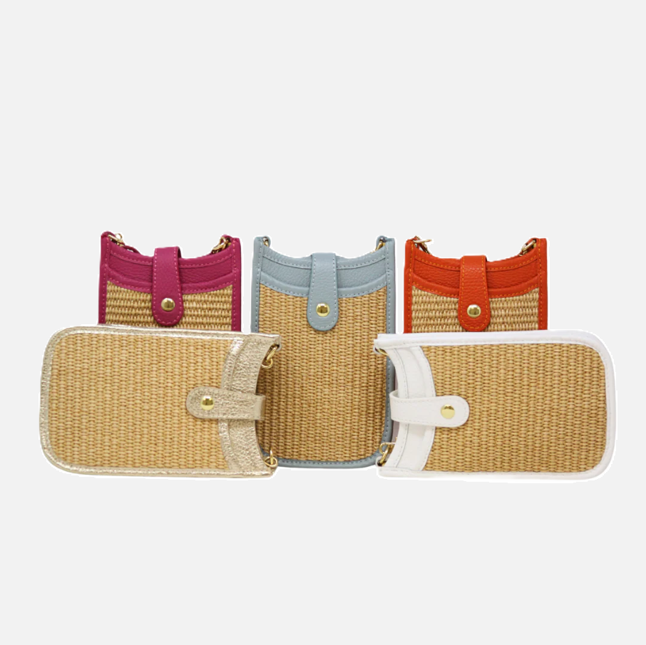Leather & Straw Cellphone Crossbody Bag - 13 Hub Lane   |  Cellphone Crossbodies