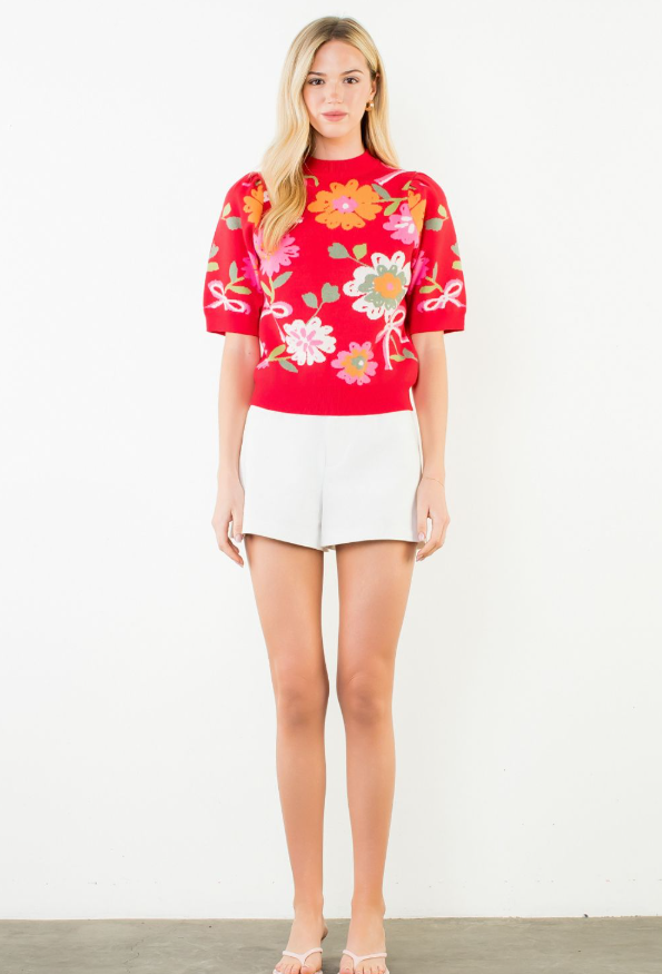 Floral Detail Knit Short Sleeve Top - 13 Hub Lane   |  Crewneck Sweaters