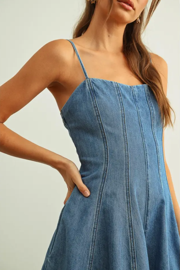 Paneled Romper, Washed Denim - 13 Hub Lane   |  