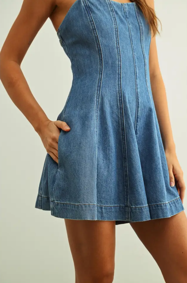Paneled Romper, Washed Denim - 13 Hub Lane   |  