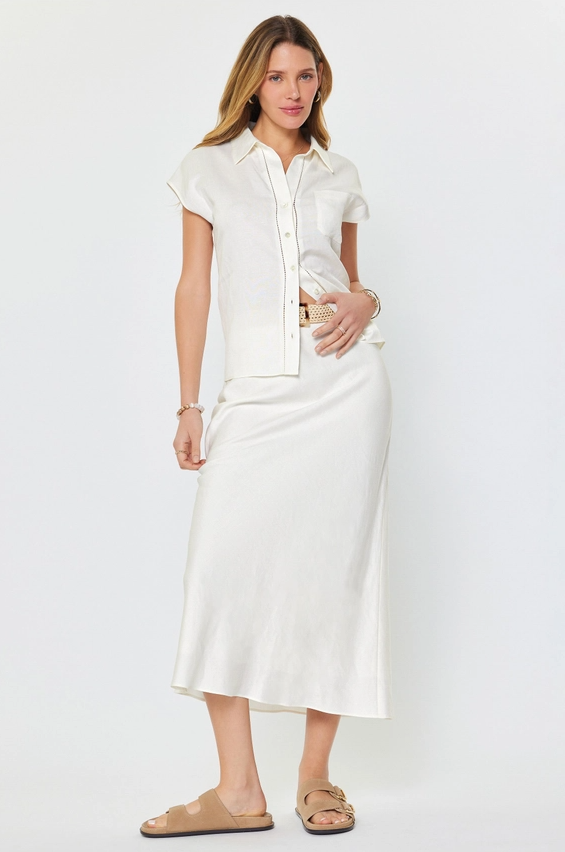 Linen Blend Cap Sleeve Blouse, White - 13 Hub Lane   |  Button-Ups