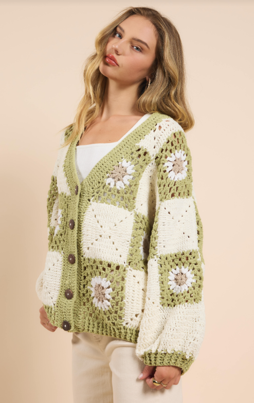 Myriam Daisy Crochet Cardigan, Ivory Green