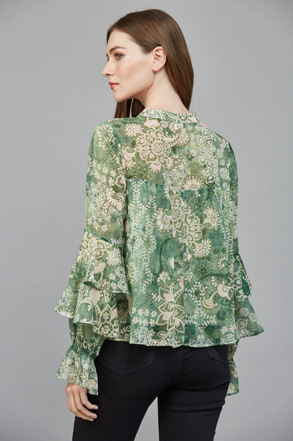 Chiffon & Lurex Ruffle Blouse, Green Multi
