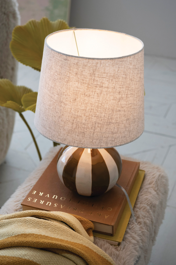 Hand-Painted Stoneware Table Lamp, Mustard & Cream Stripe