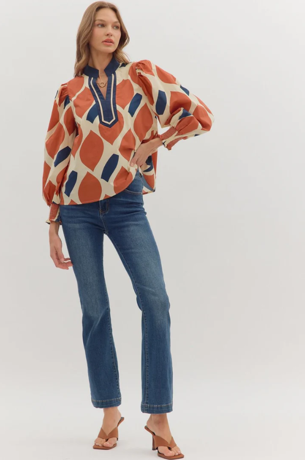 Geometric V-Neck Top, Ecru & Rust