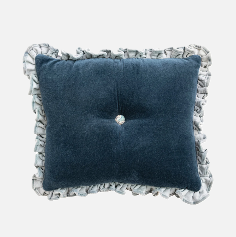 Tufted Lumbar w/ Ruffle & Patterned Button, Blue