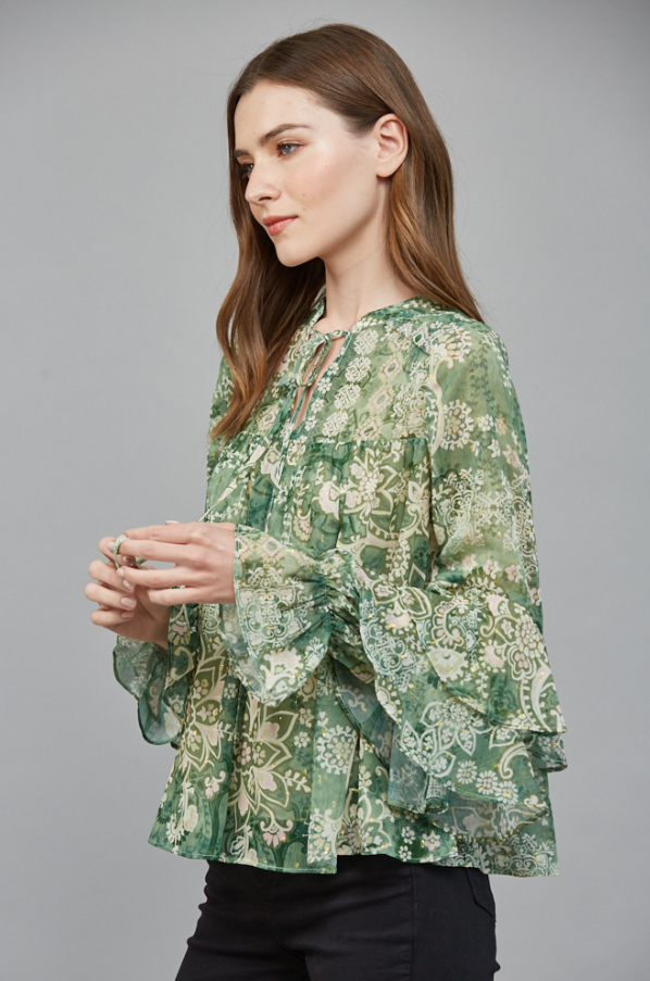 Chiffon & Lurex Ruffle Blouse, Green Multi
