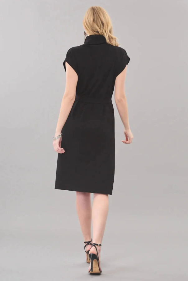 Scuba Cowl Neck Belted Dress, Black