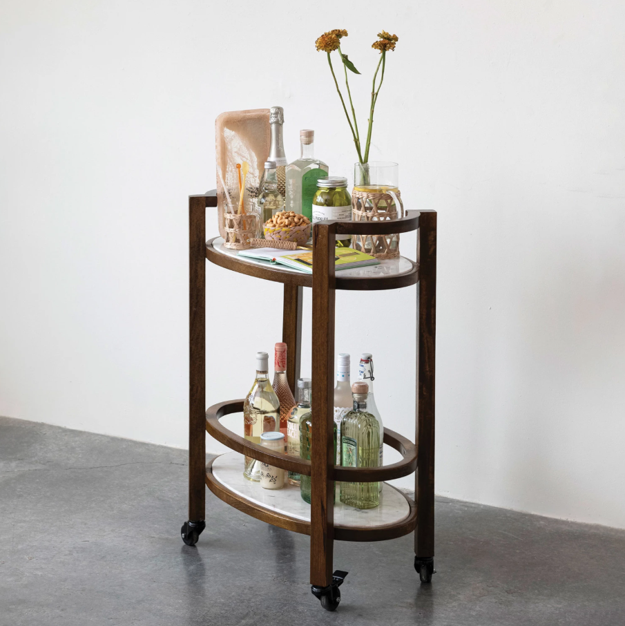 Mango Wood & Marble 2-Tier Bar Cart - 13 Hub Lane   |  Bar Carts