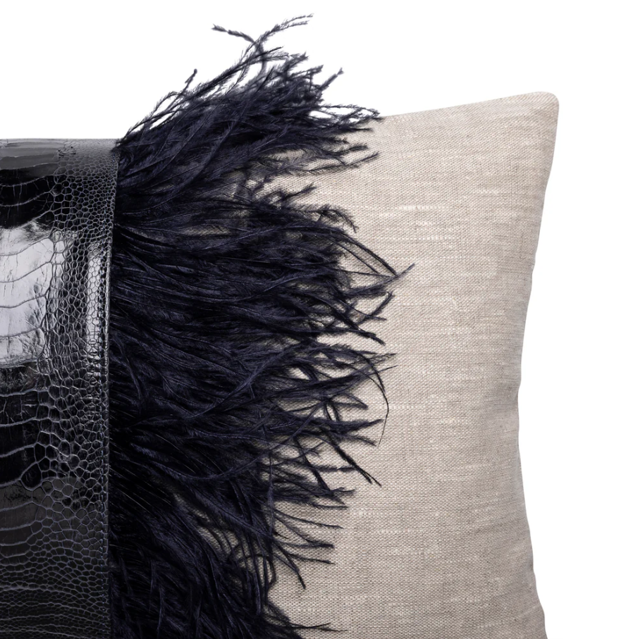 Ngala Trading Ostrich Trim Linen Lumbar Pillow - Thumbnail 2