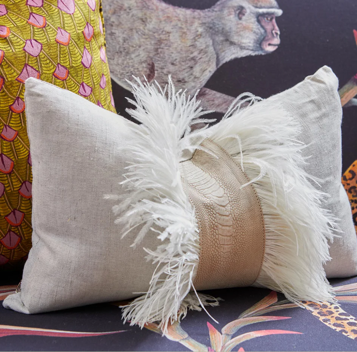 Ostrich Trim Linen Lumbar Pillow, Stone Washed Natural - 13 Hub Lane   |  Ostrich Lumbars