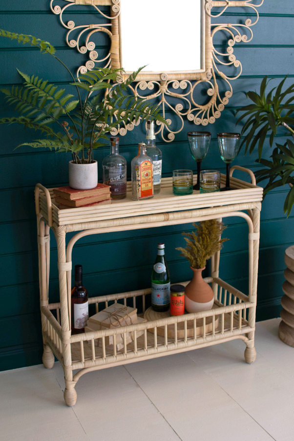 Woven Cane Boho Bar Cart / Tray Table