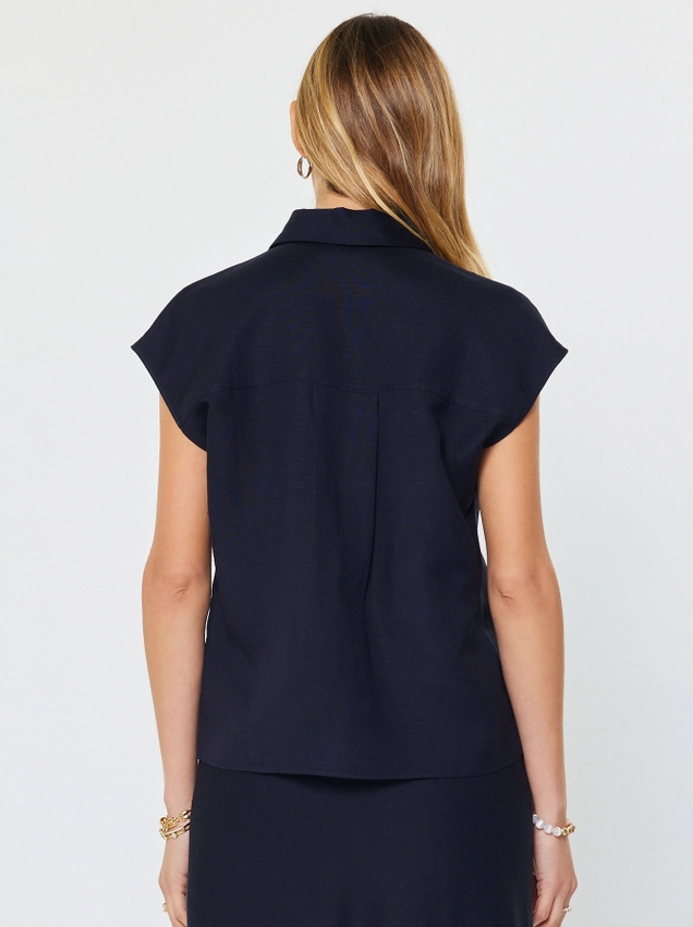 Linen Blend Cap Sleeve Blouse, Navy - 13 Hub Lane   |  Button-Ups