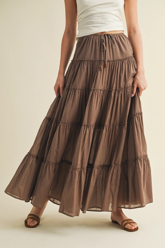 Drawstring Detail Tiered Maxi Skirt, Taupe - 13 Hub Lane   |  Maxi Skirts