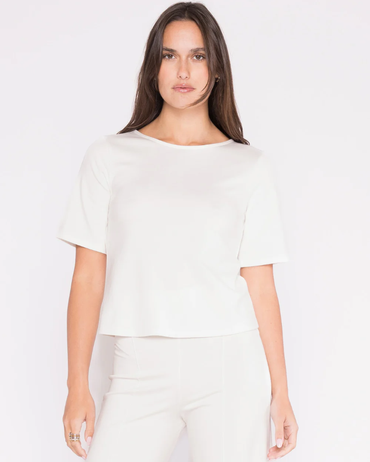 Ponte Knit Short Sleeve Top Extended, Off-White - 13 Hub Lane   |  Crewneck Tops