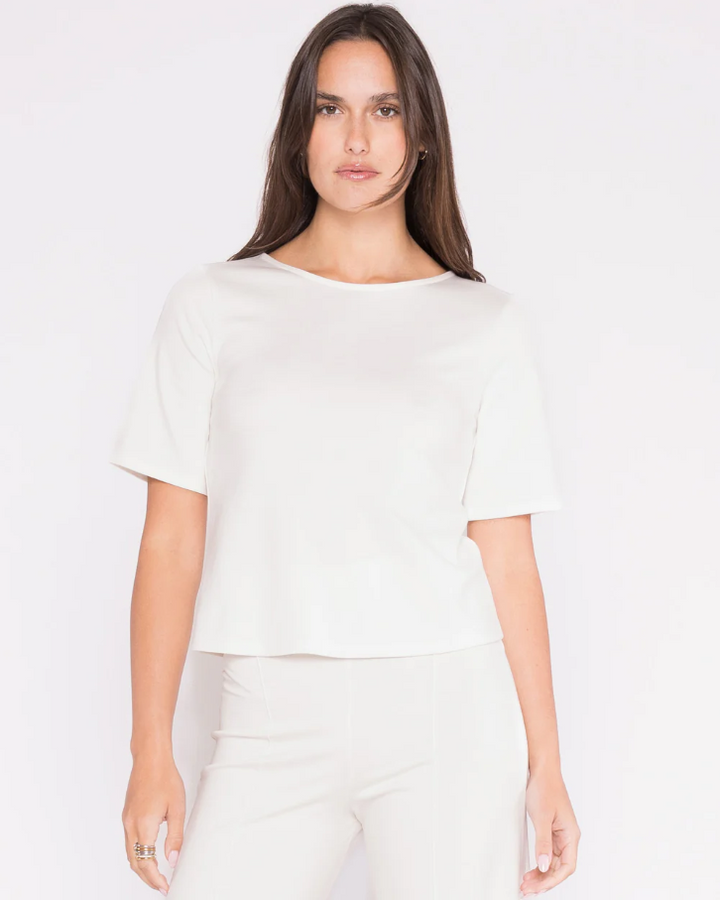 Ponte Knit Short Sleeve Top Extended, Off-White - 13 Hub Lane   |  Crewneck Tops