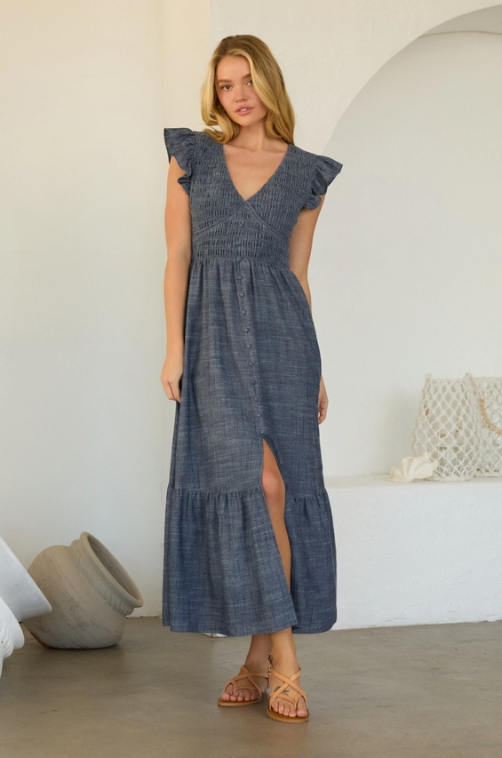 Smocked Flutter Sleeve Chambray Dress, Denim Blue