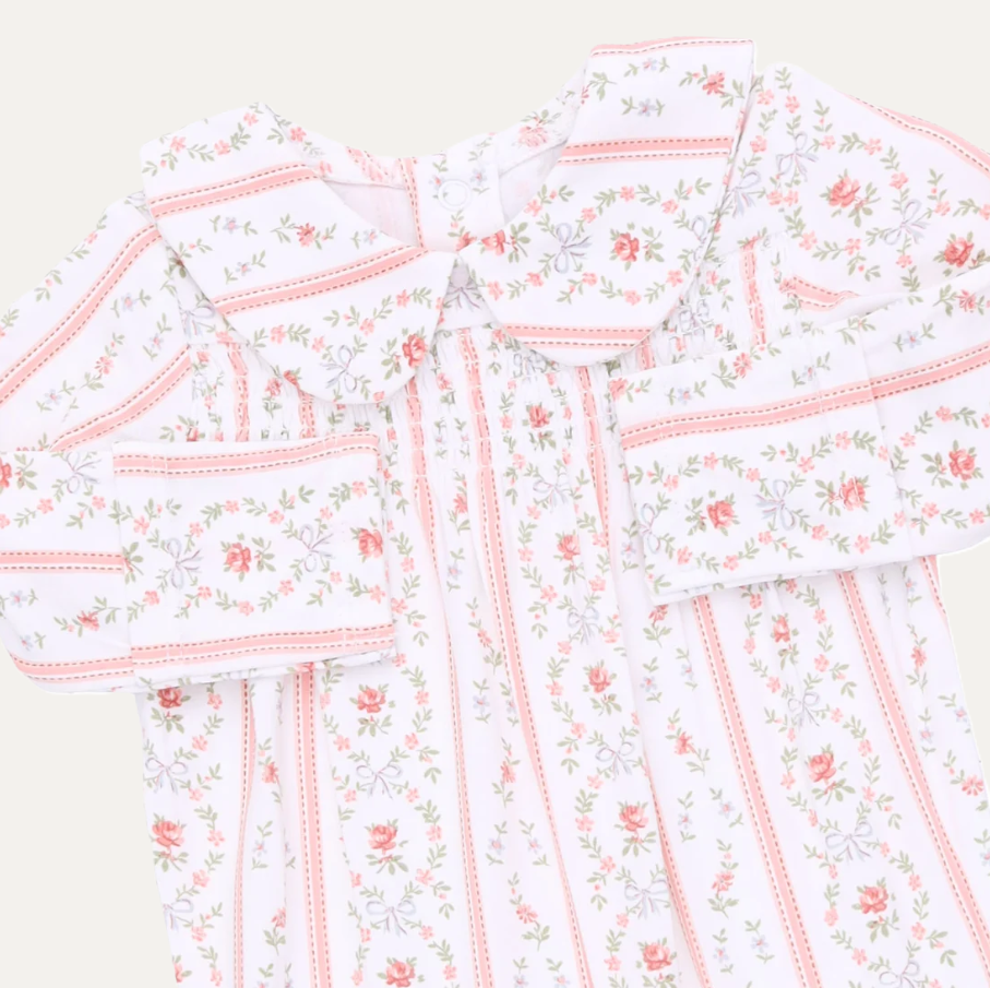 Marnie Rosebud Stripe - Smocked Peter Pan Snap Footie