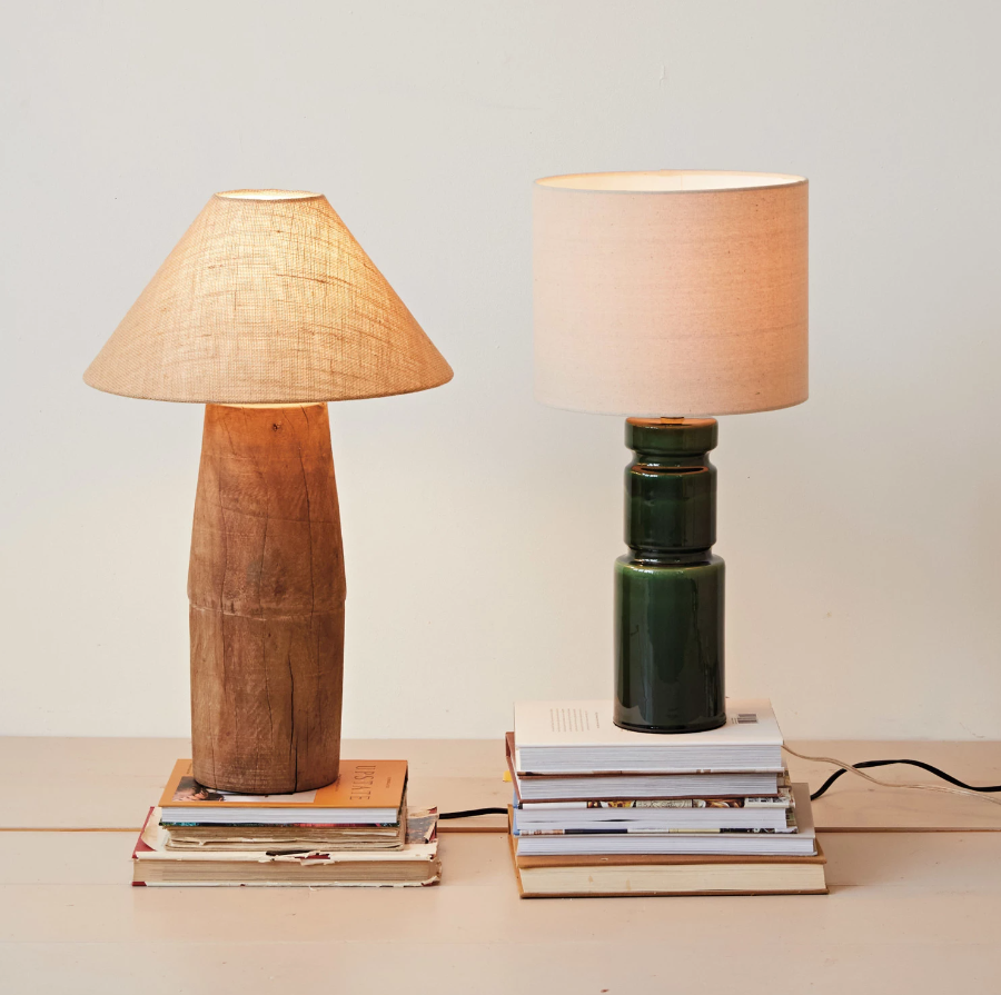 Green Ceramic Lamp w/ Linen Shade - Thumbnail 3