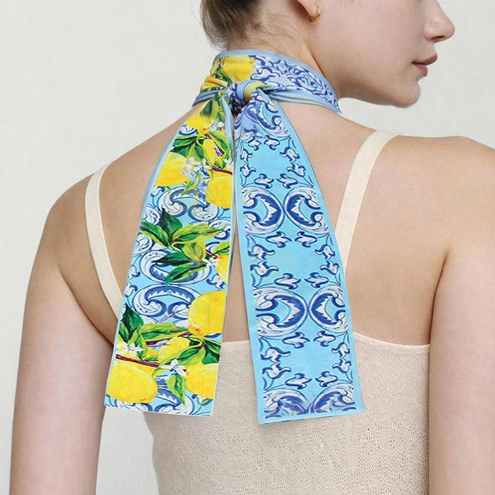 Lemon and Scroll Print Twilly Skinny Scarf