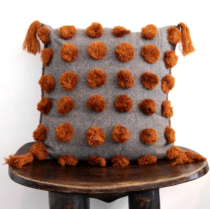 Ula Pom Pom Pillow - Terracotta/Grey - 13 Hub Lane   |  Wool Pillows