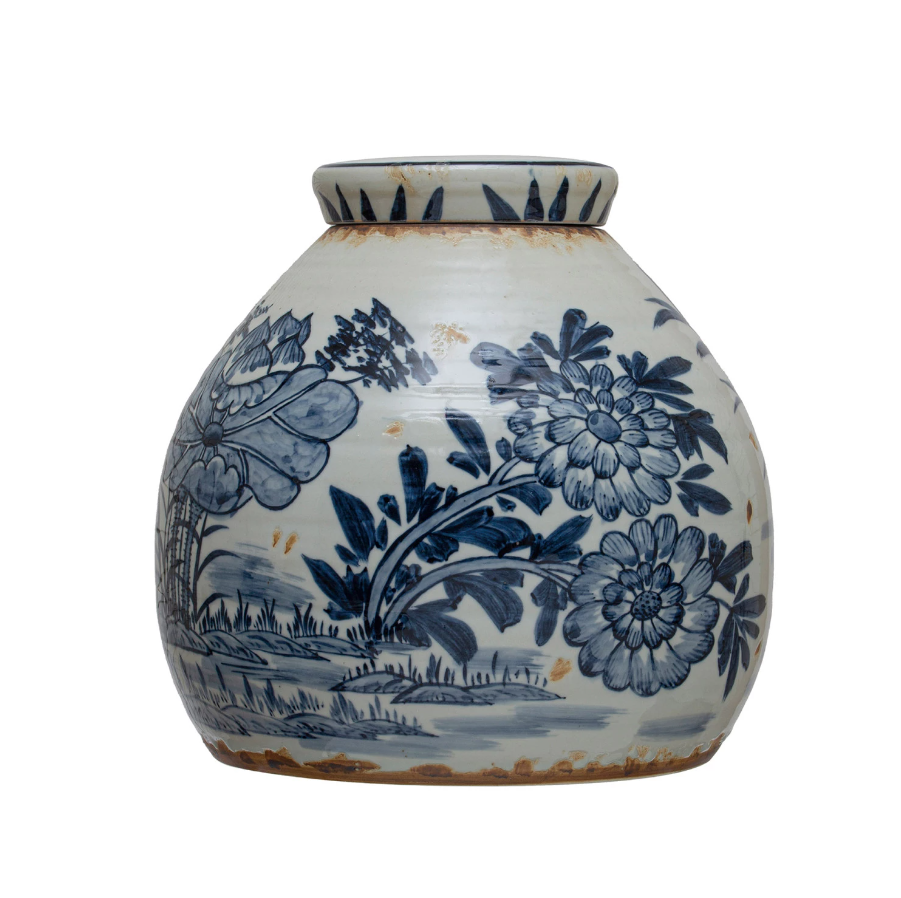 Hand-Painted Stoneware Ginger Jar w/ Lotus Flowers - Thumbnail 2