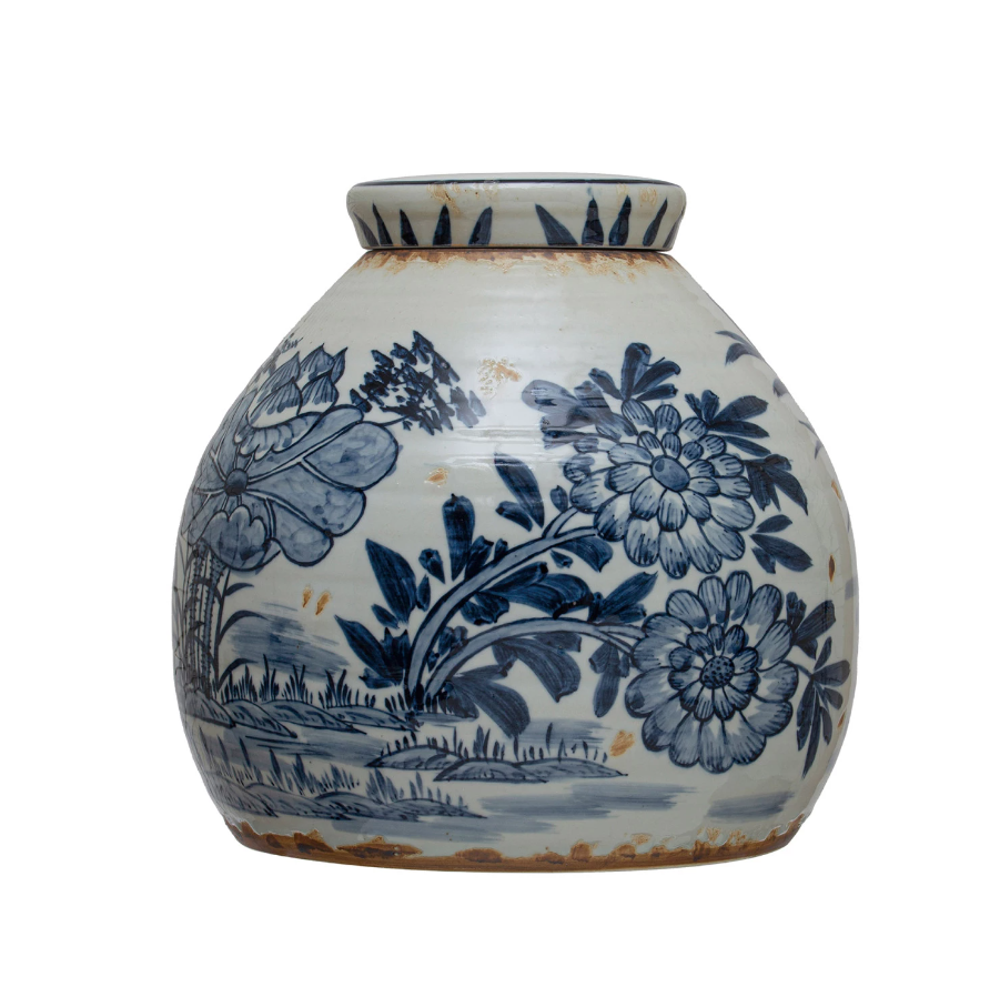 Hand-Painted Stoneware Ginger Jar w/ Lotus Flowers