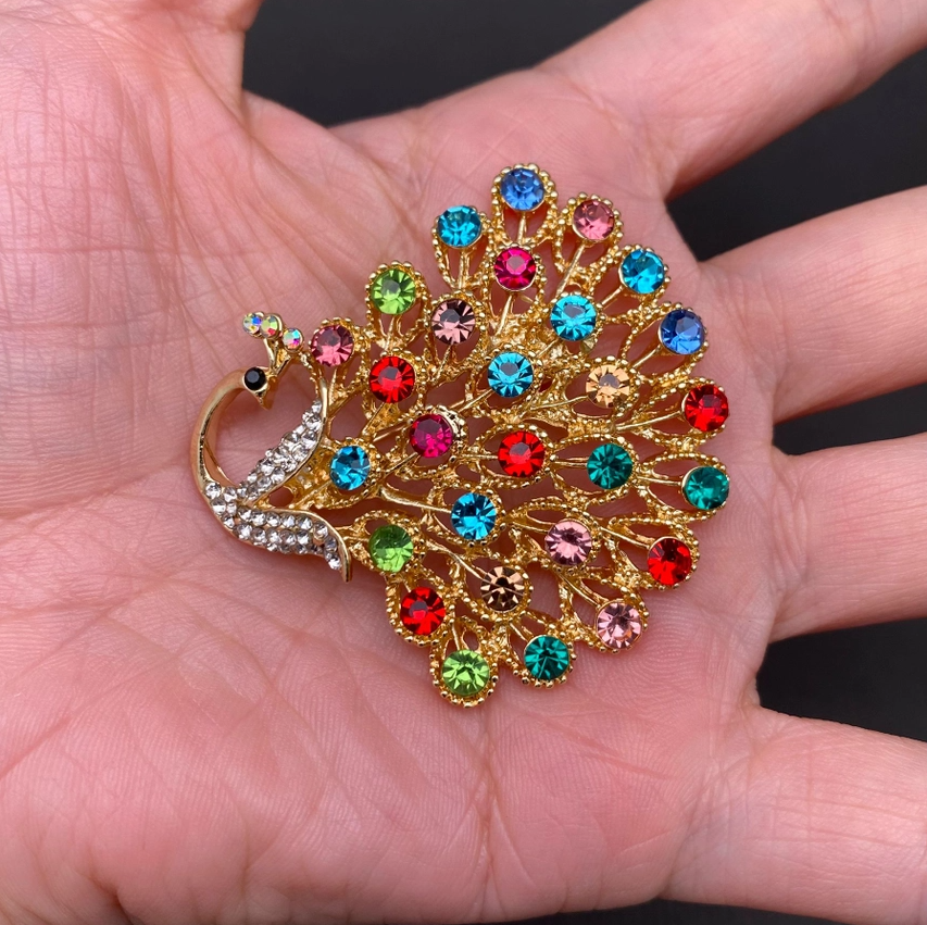 Colored Rhinestones Peacock Brooch